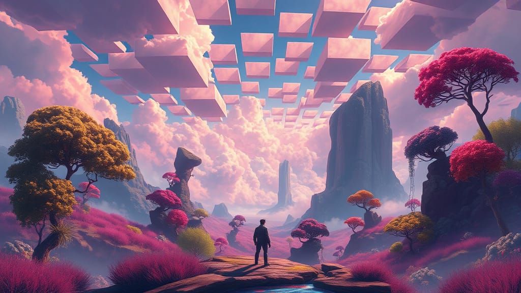 Bizarre Squared Landscape with a Gazing Figure