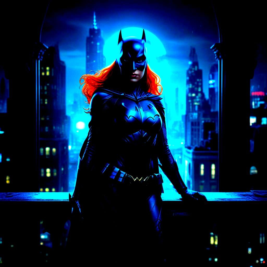 Gothic Steampunk Batgirl Overlooking Neon Gotham