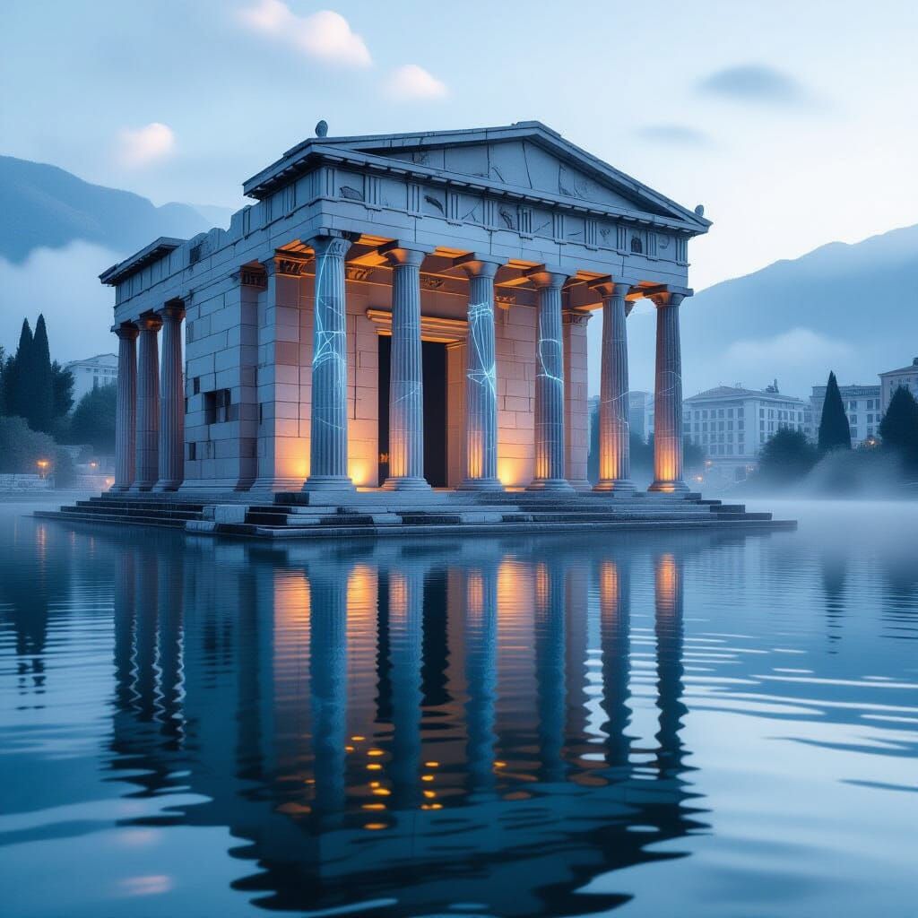 Ancient Temple Reflects Cityscape in Misty Lake