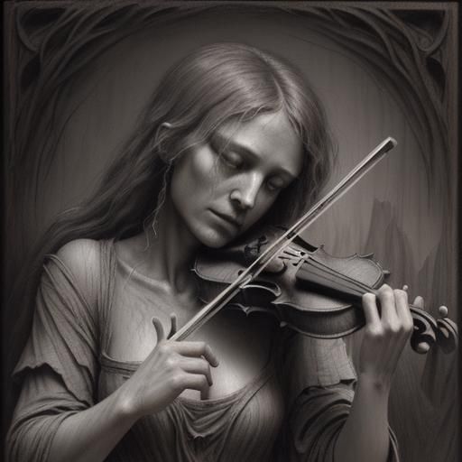 Hyperdetailed Wood-Carving of Humanoid Woman Violin