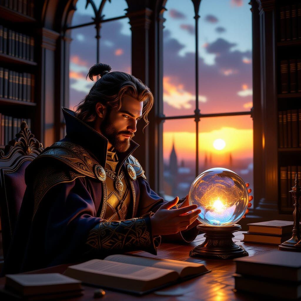 Wizard Reading Ancient Text in Tower Library at Sunset