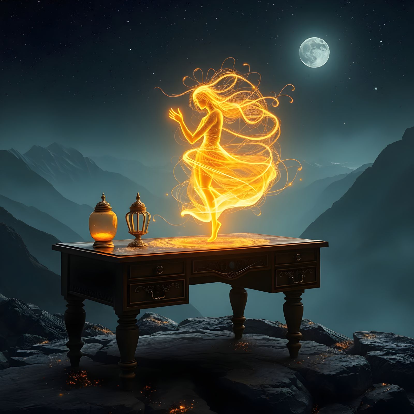 Golden Light Figure Dancing Under Stars