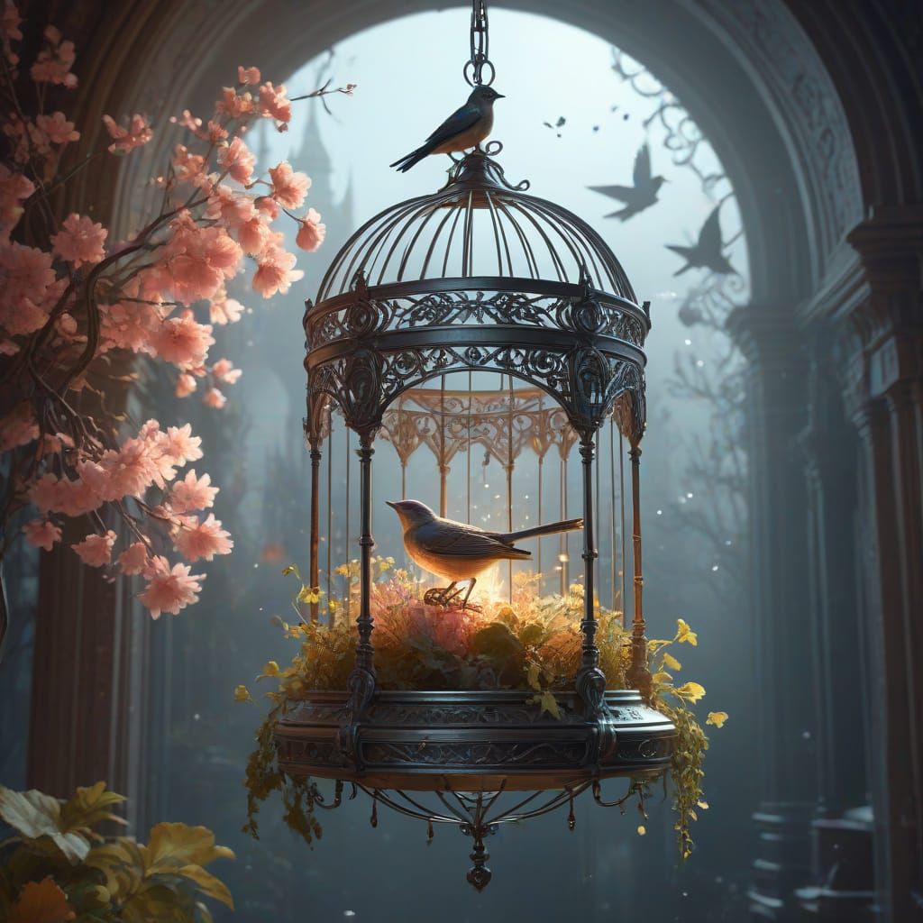 Ethereal Birdcage Woven from Fog and Sunbeams