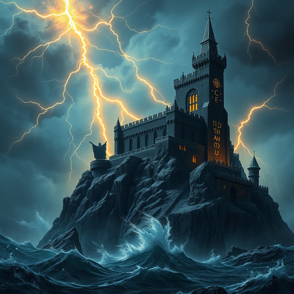Black Castle in Stormy Sea with Ghost: Matte Painting