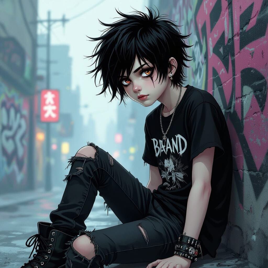 Melancholic Emo Teen Boy in Moody Gothic Art Style