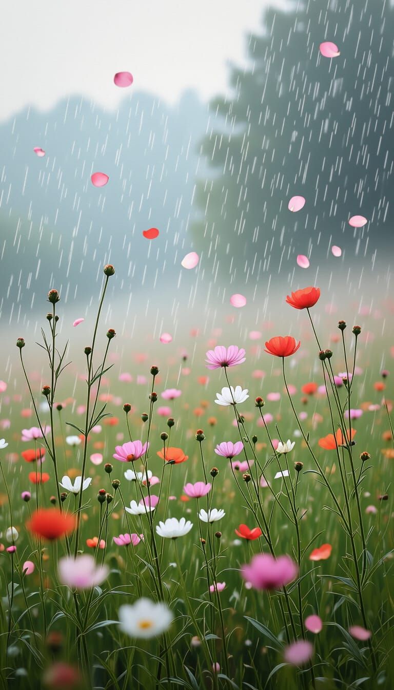 Dreamy Countryside with Falling Petals in Mystical Fog