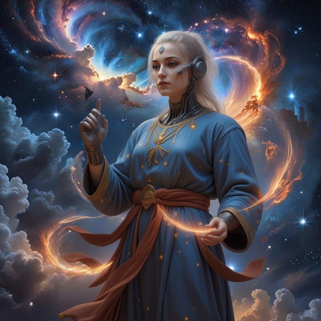 Divine Figure Creates Light in Cosmic Swirls