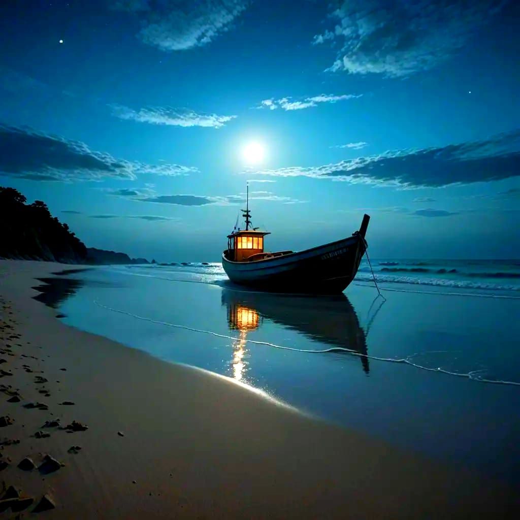 Moonlit Beach Scene with Weathered Boat