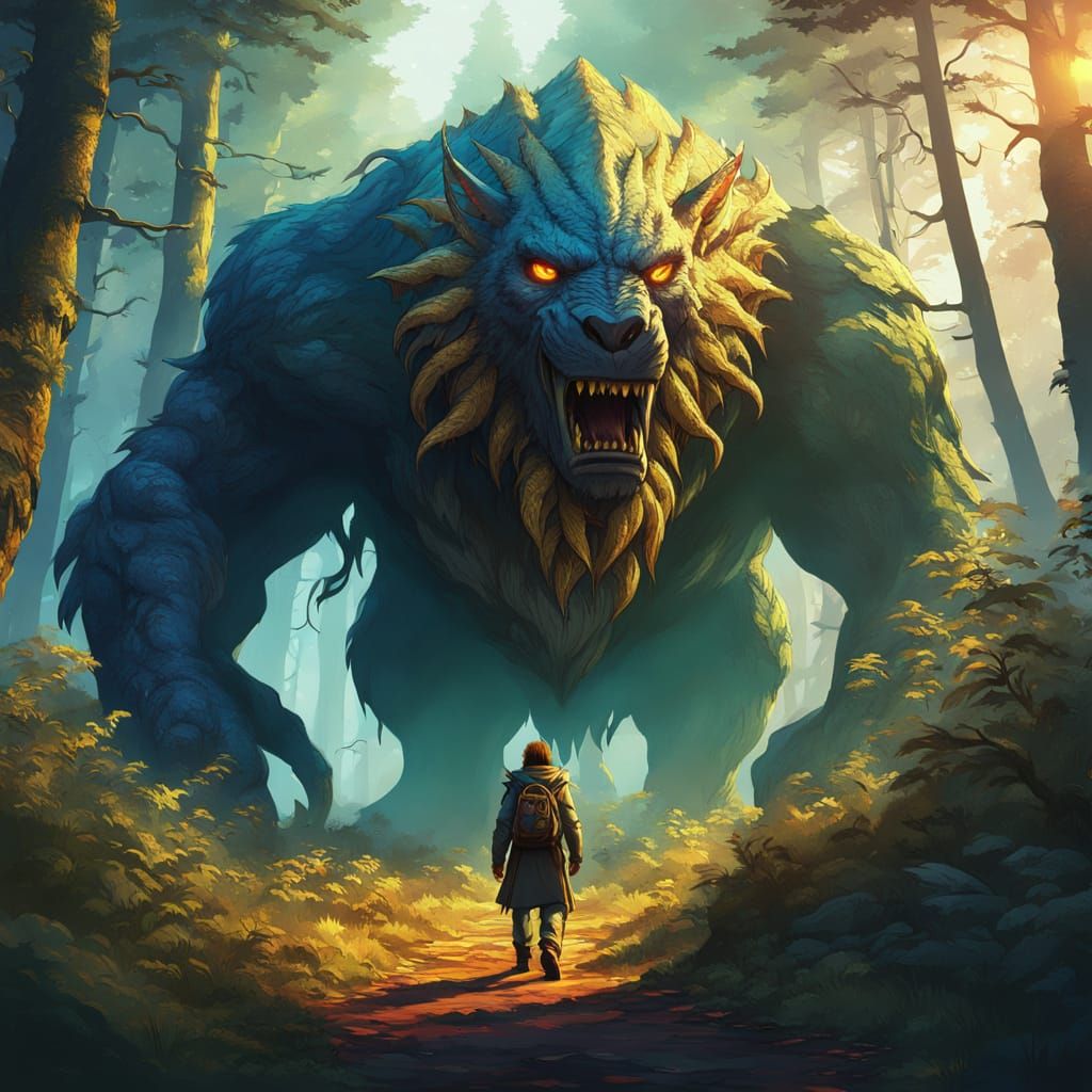 Protective Forest Creature Guiding Lost Children Home