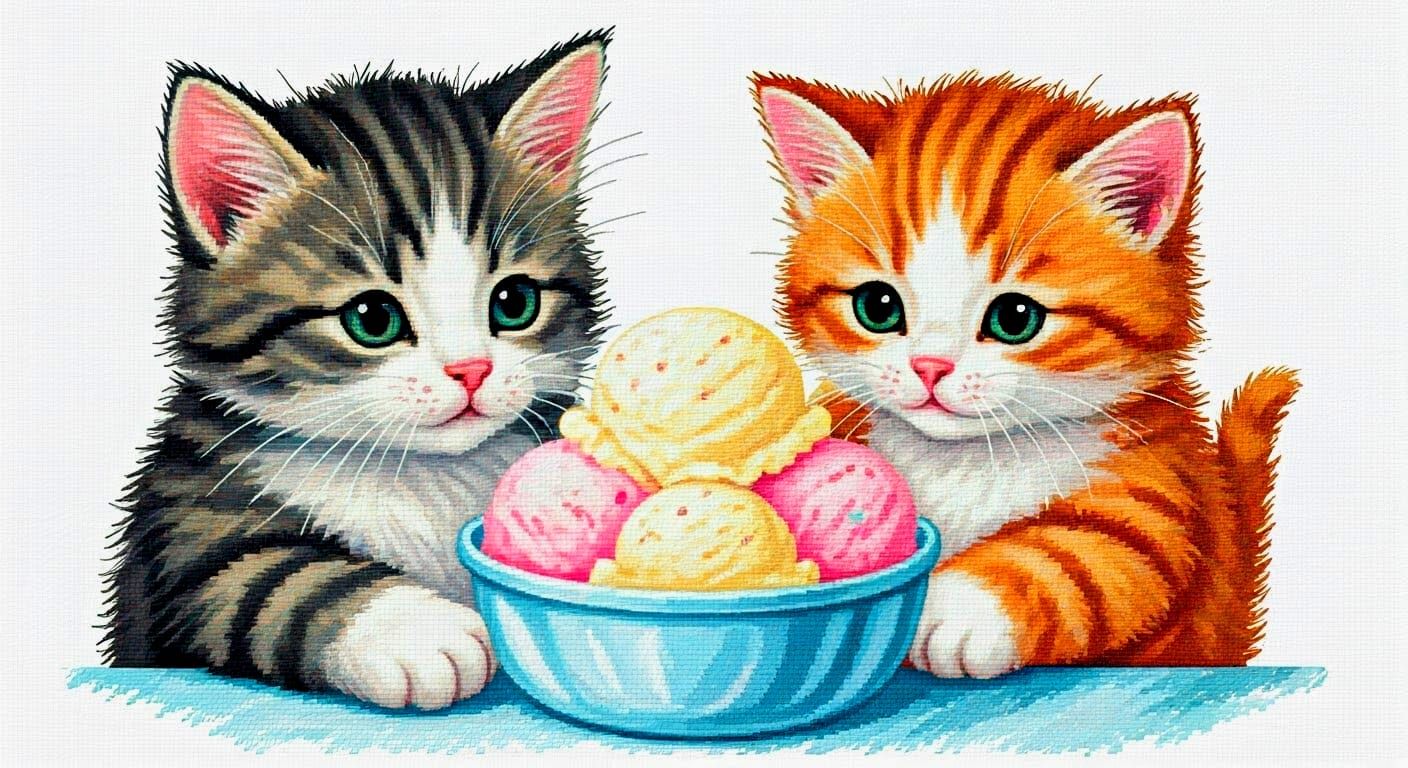 Whimsical Cross-Stitch Art of Kittens Enjoying Ice Cream