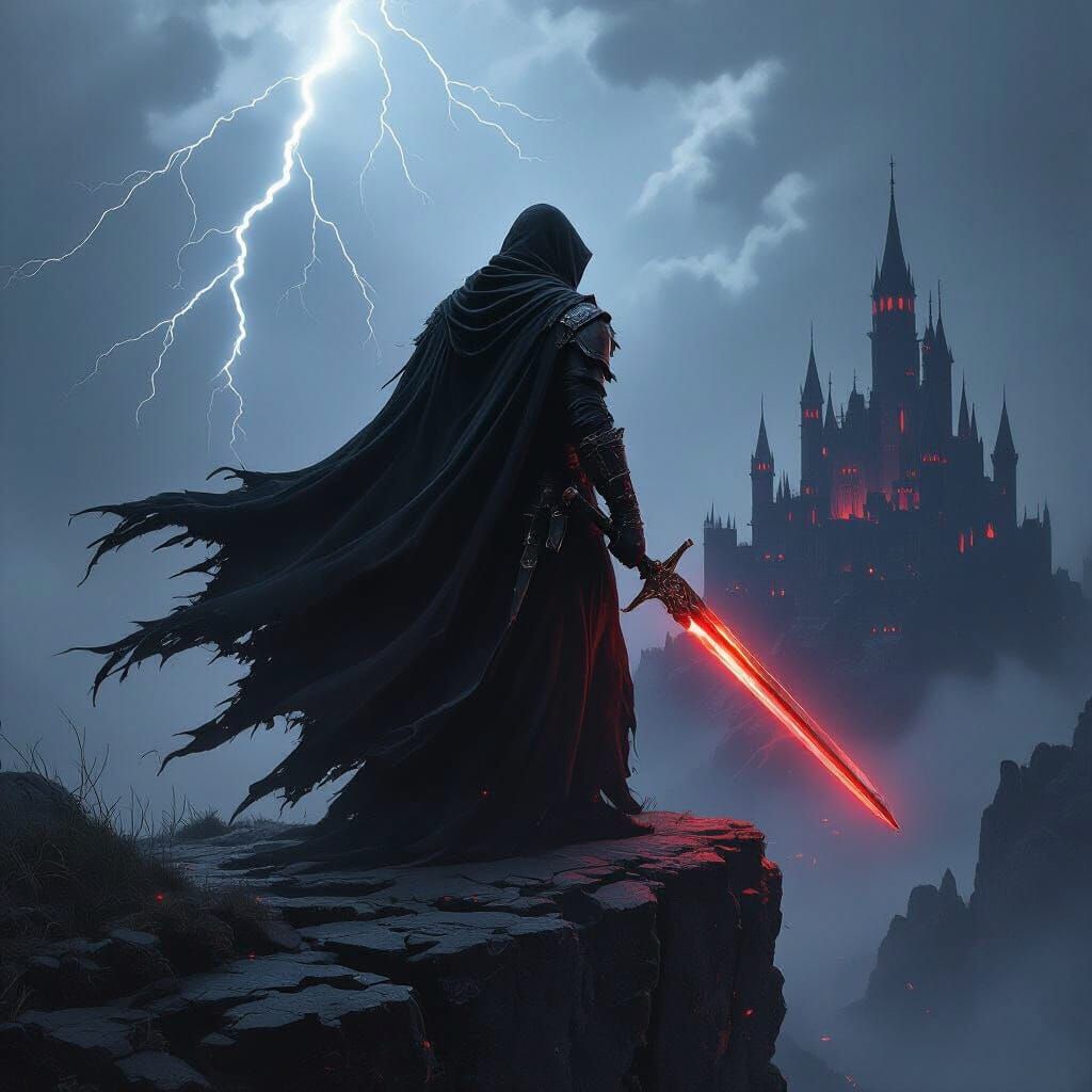 Cursed Warrior on Cliff in Dark Fantasy Style