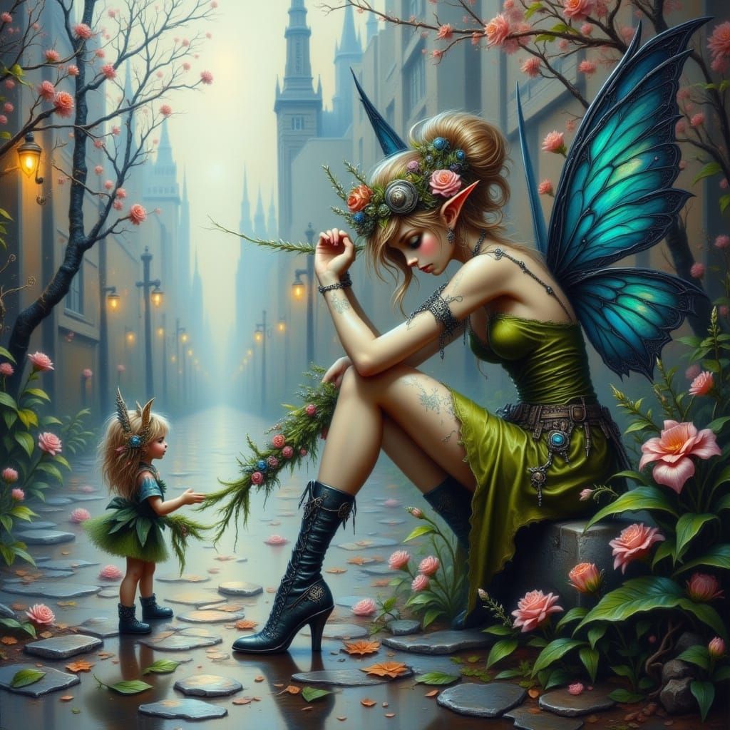 Fairy Begging on Sidewalk in Punk Style