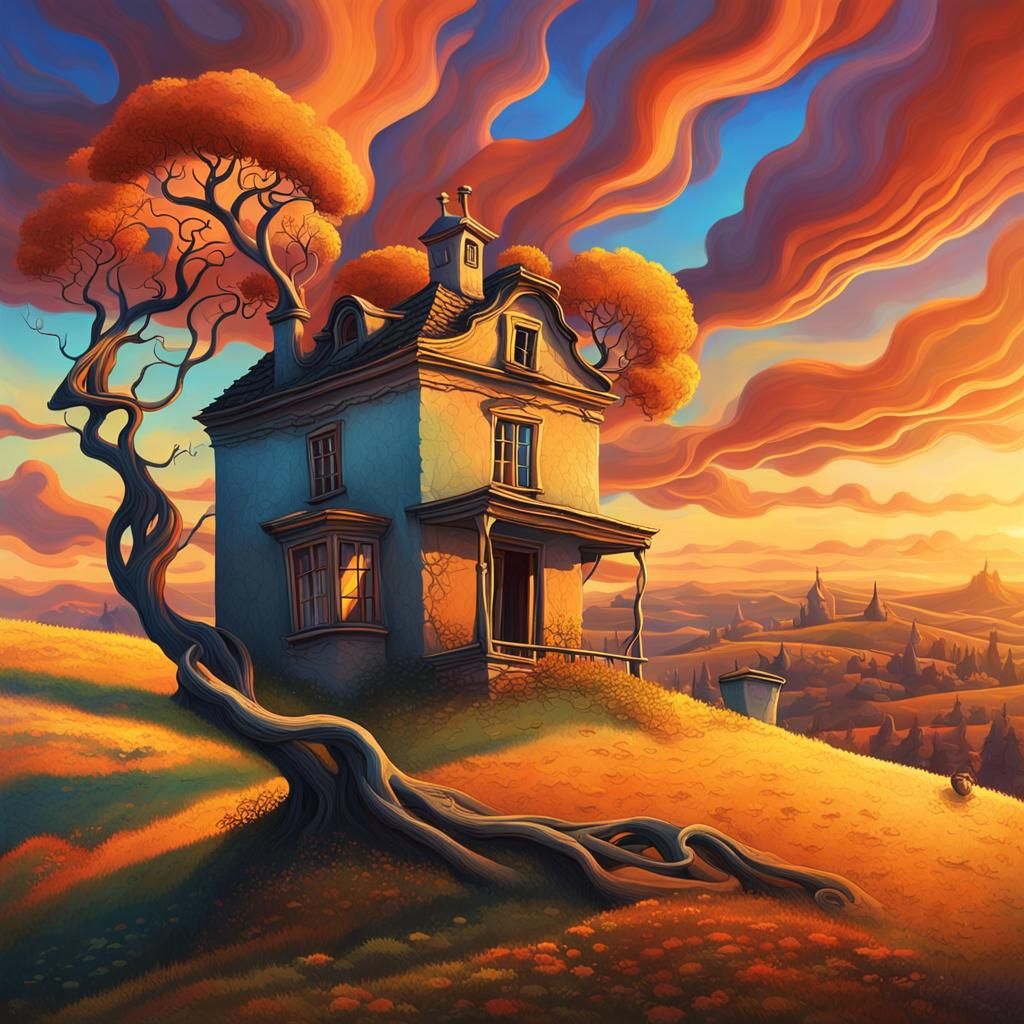 Surreal Landscape with Old House in Dreamy Style