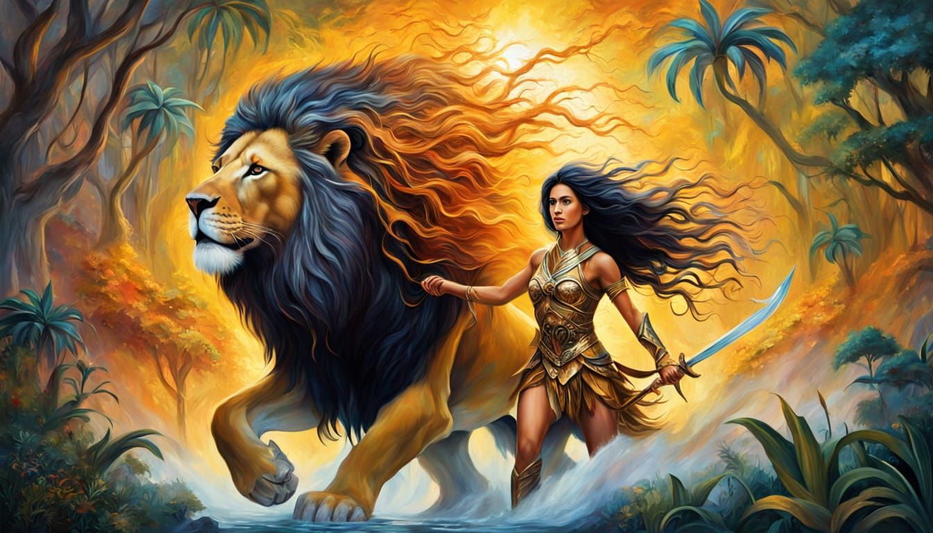 Lion and Warrior in Surreal Cosmic Jungle, as Oil Painting