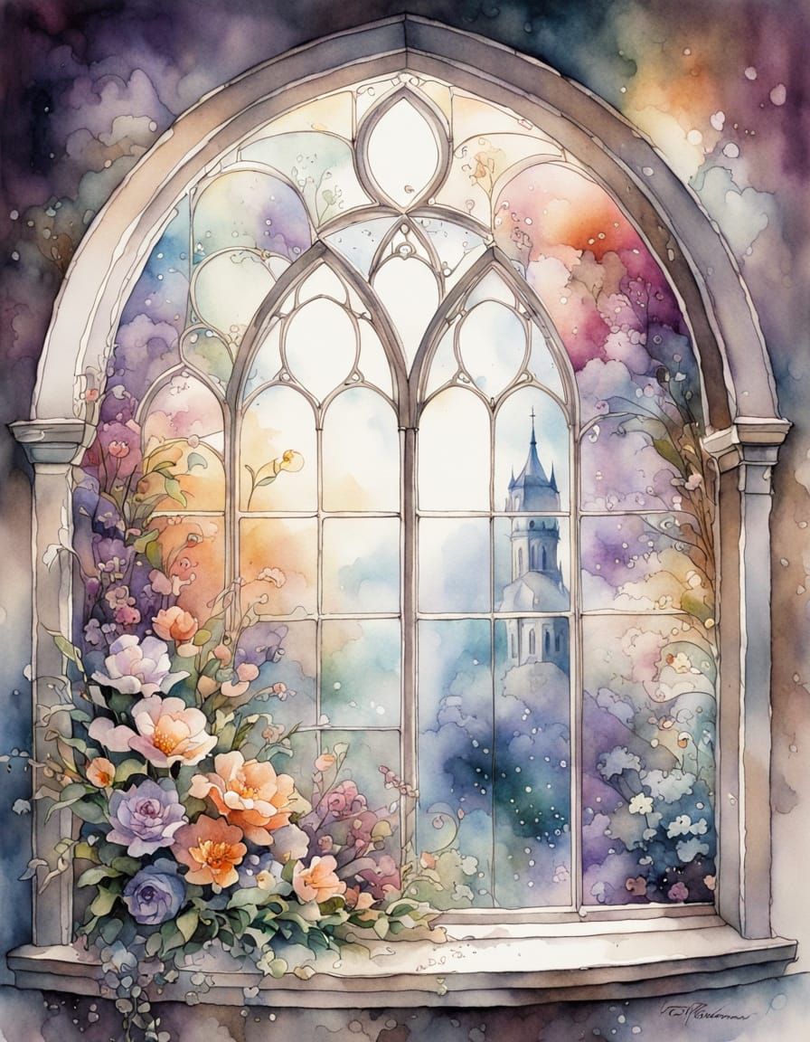 Mullioned Window With Flowers, Watercolour Ink Art