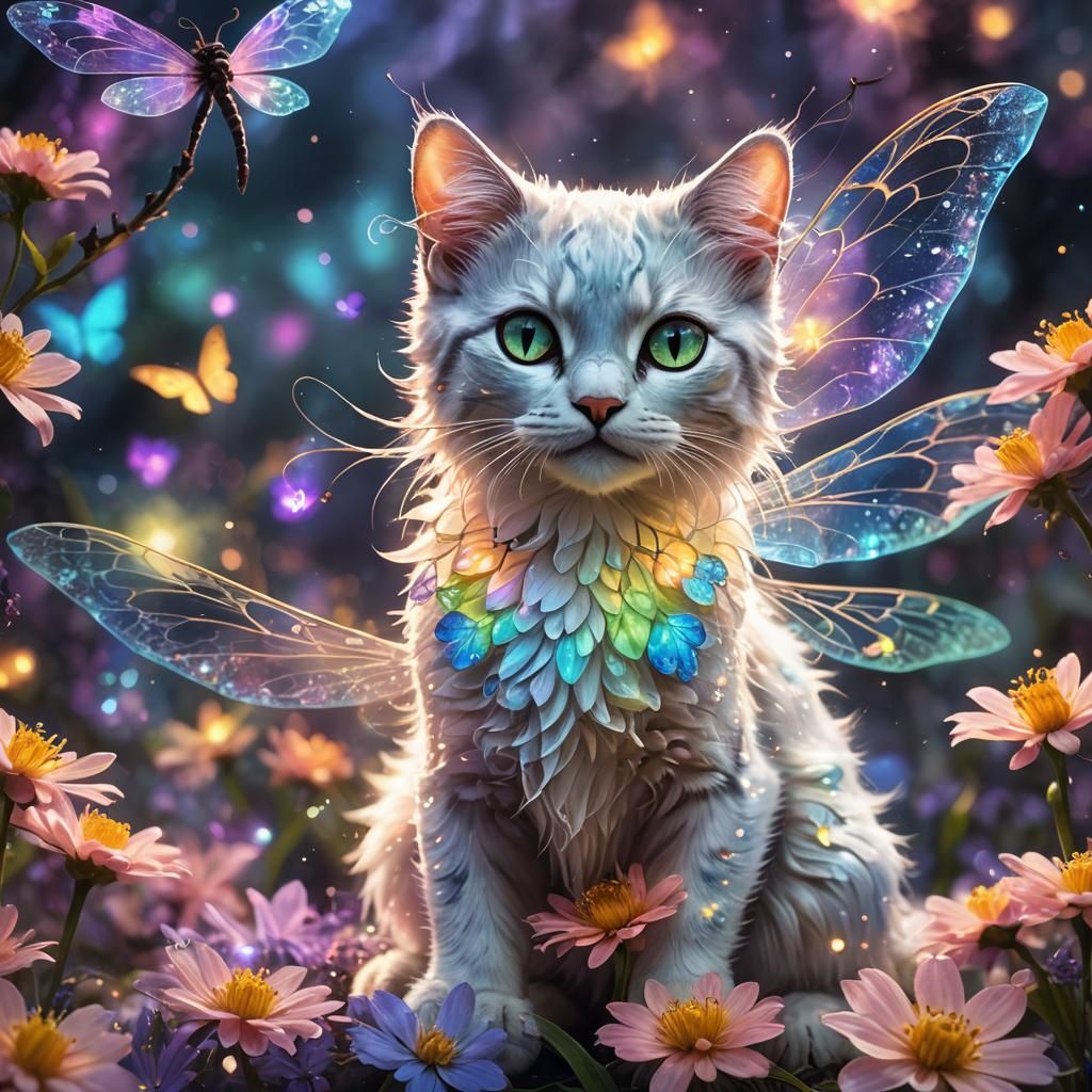 Ethereal Fae Kitty Rides Dragonfly in Mystical Scene