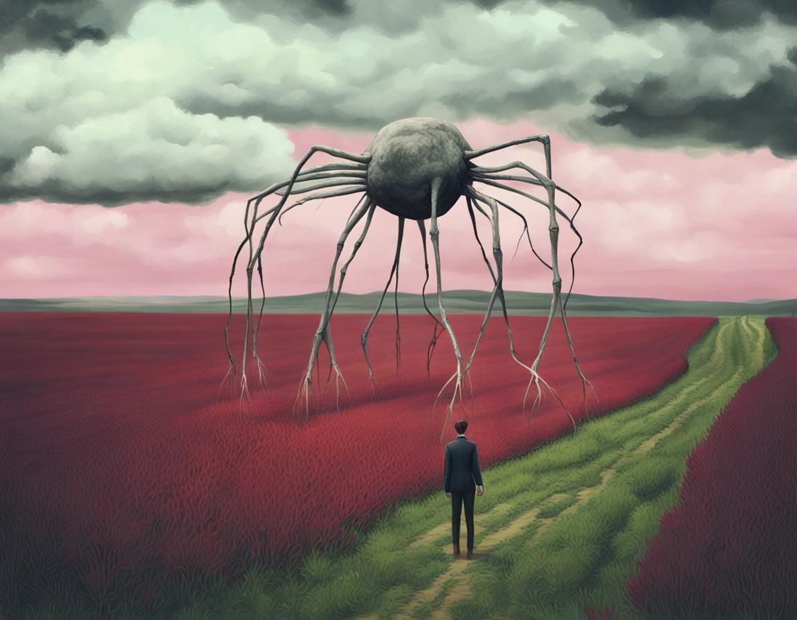 Massive Skinny Big Creature with long legs and arms hiding behind the clouds looking for the view Eldritch monochromatic...