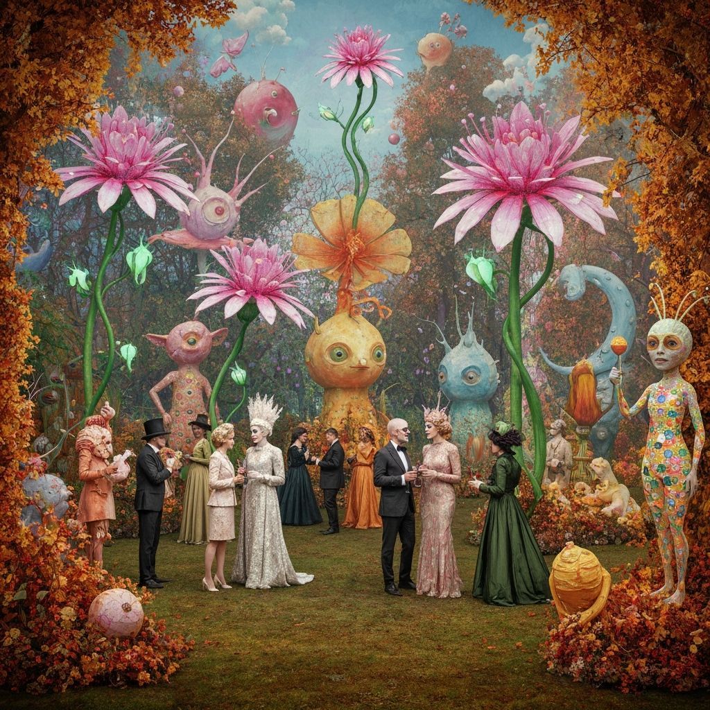 Surreal Garden Party with Bioluminescent Flowers, Collage Ar...