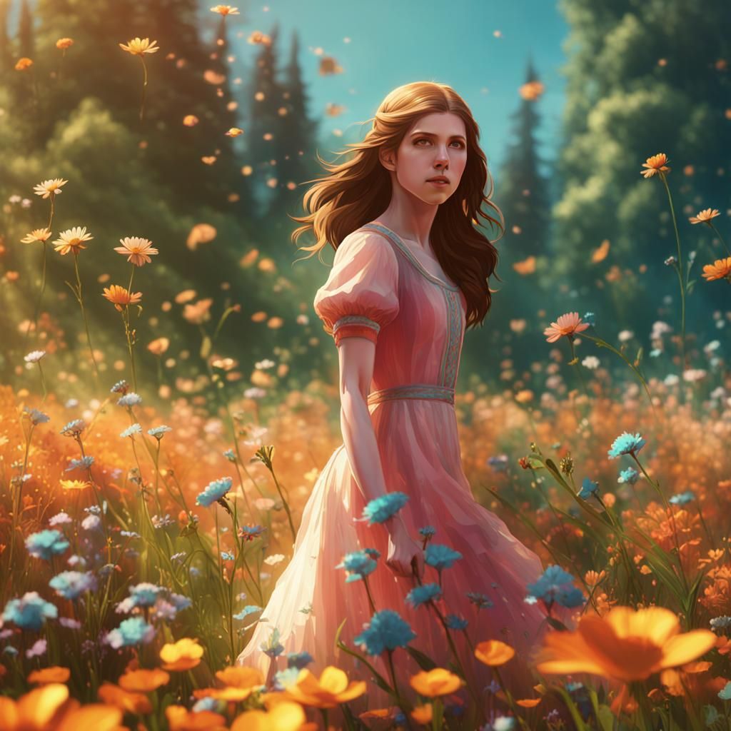 Anna Kendrick in Flower Meadow, Digital Art