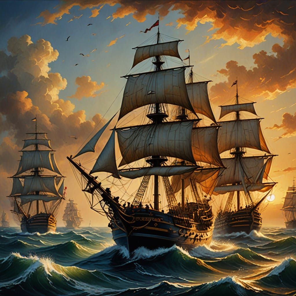 Galleons in Baroque Marine Art Style