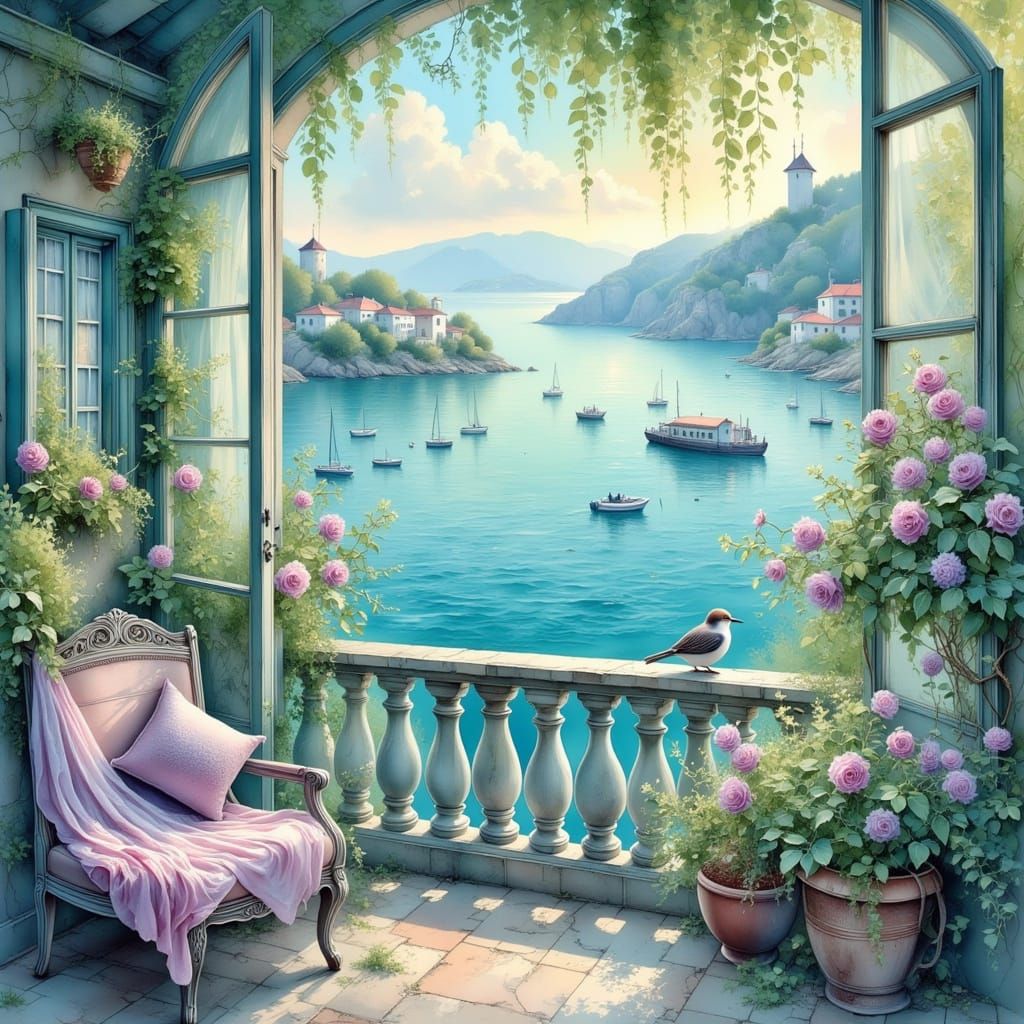 <lora:Encaustic Impasto:1.0> <lora:Cozy Pastel:1.0> <lora:Light and Lace-Flux:1.0> songbird on a balcony with an ocean v...
