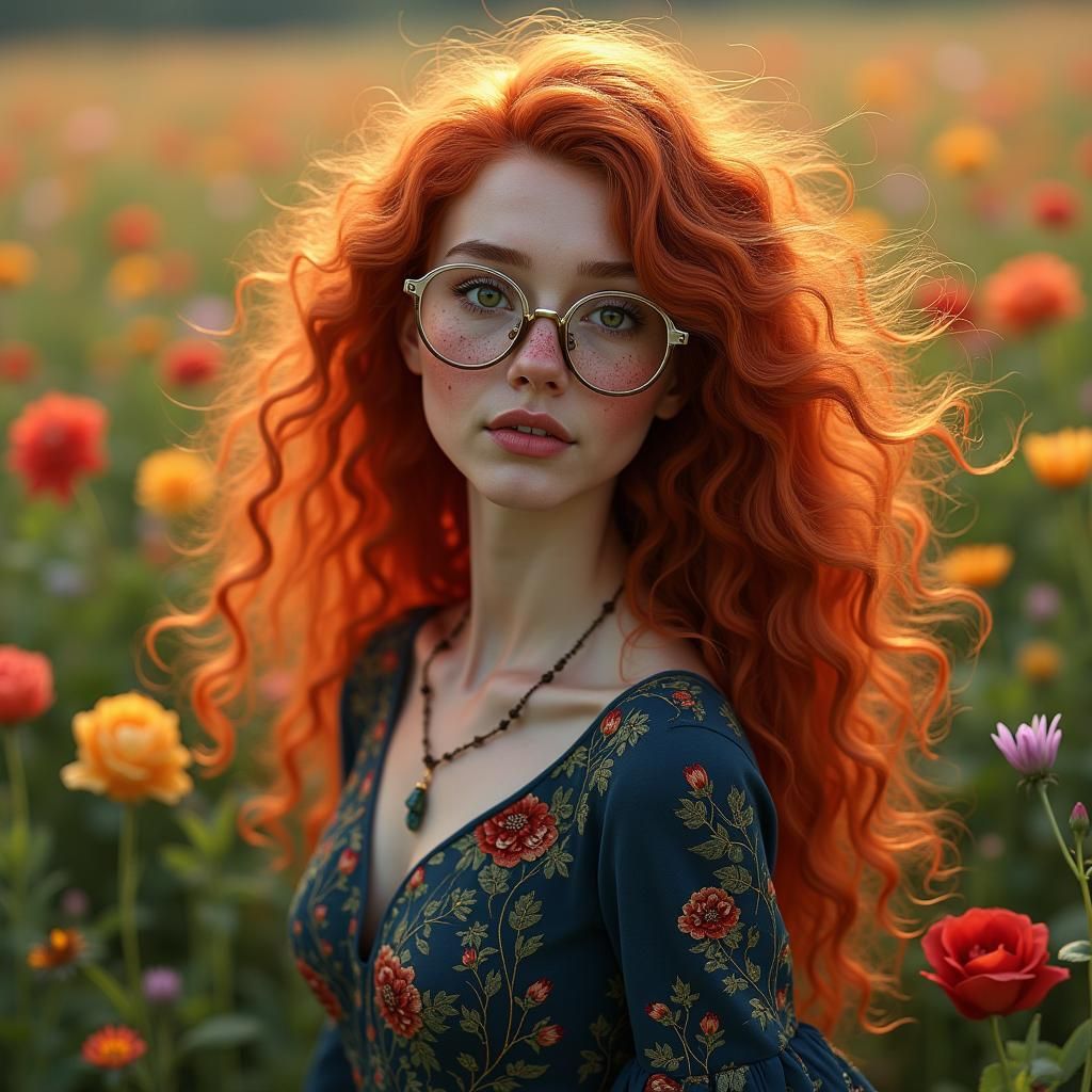 Red-Haired Woman in Wildflower Field, Hyperrealistic Portrai...