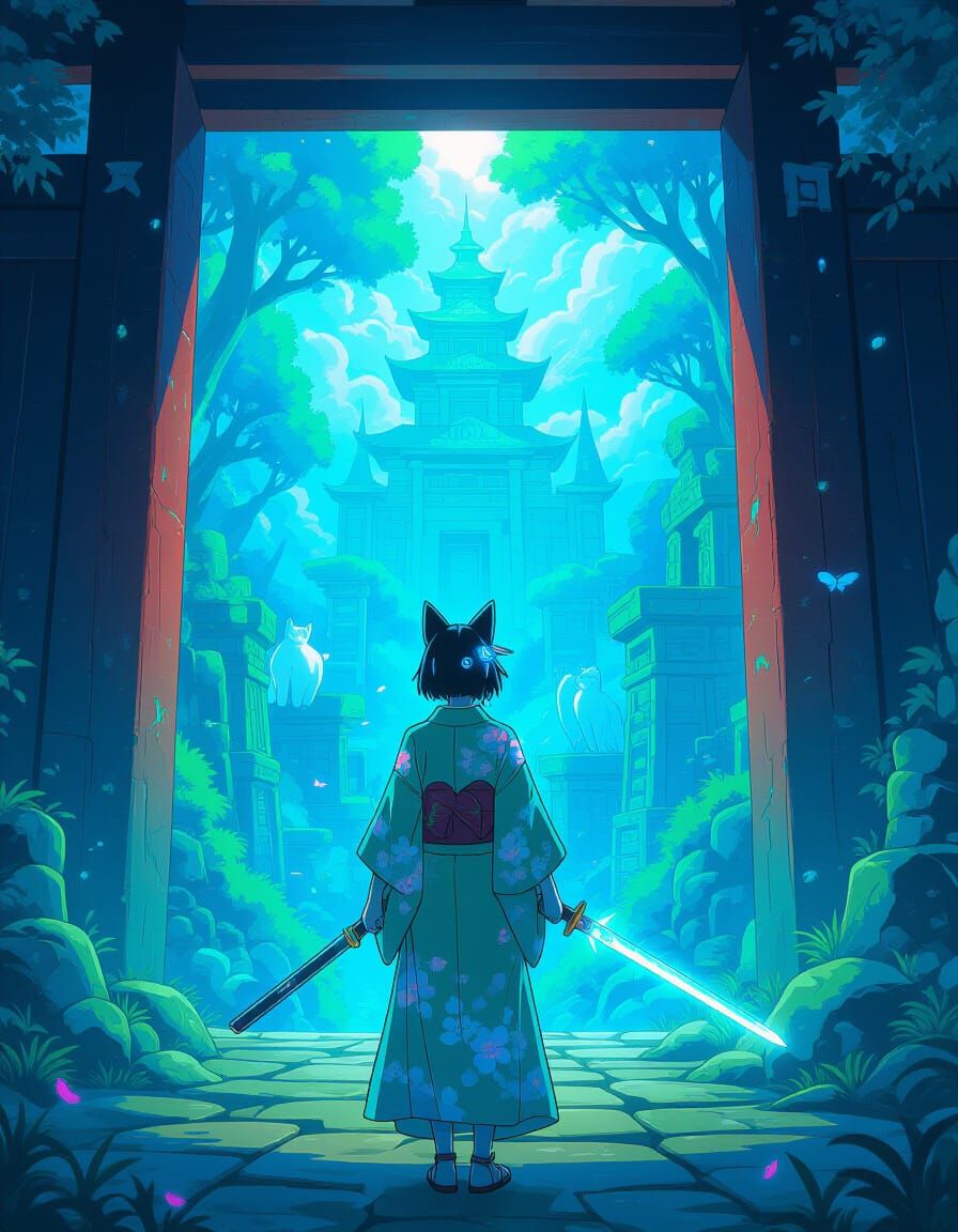 Bioluminescent Forest Portal: Anime-Style Cyberpunk Adventur...