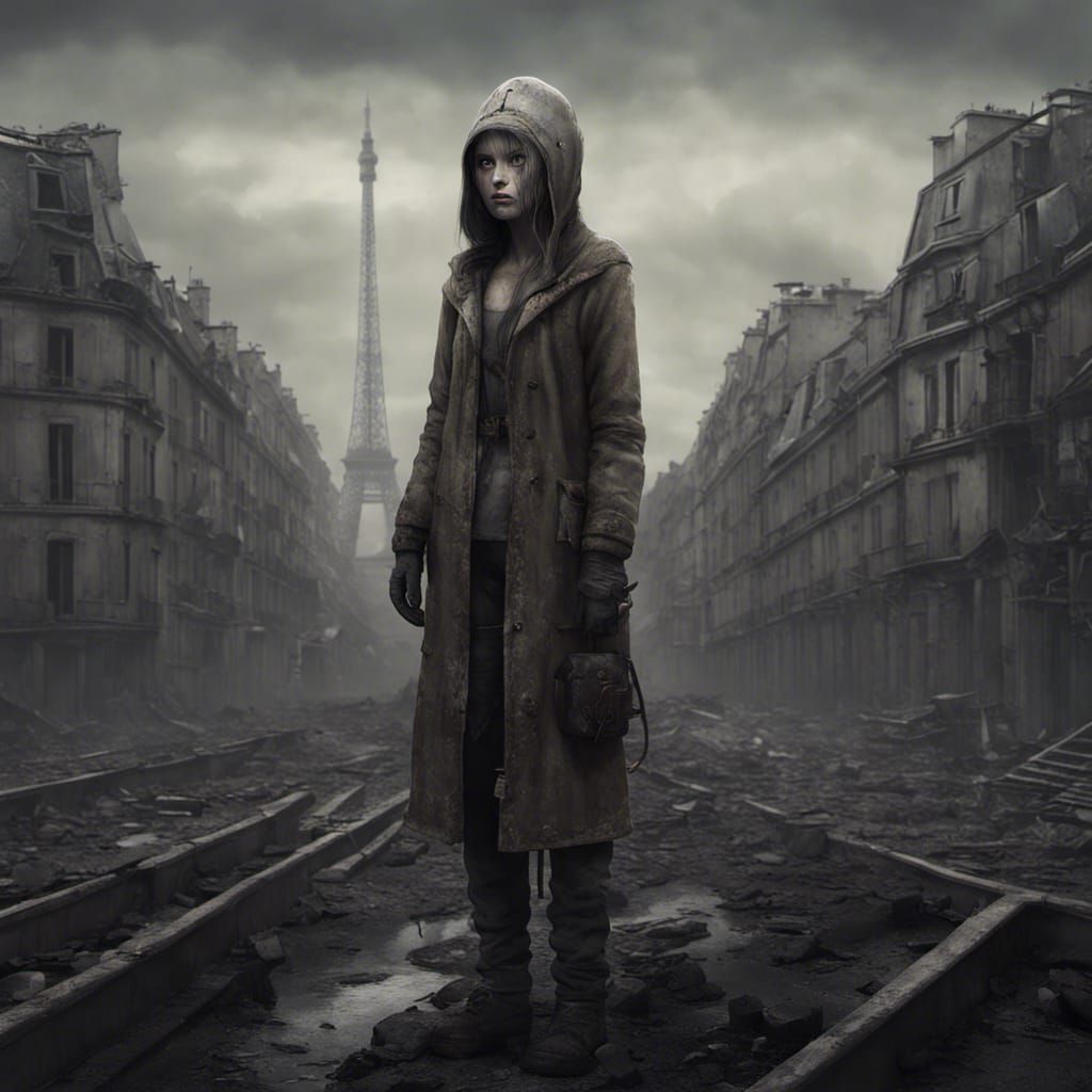 Post-Apocalyptic Paris: Gloomy Female Character in Desolatio...