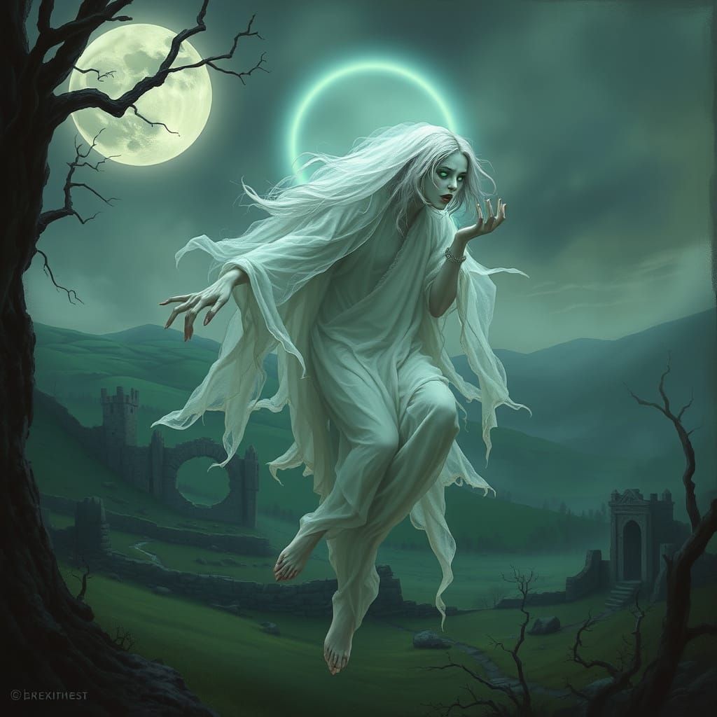 Ethereal Banshee Spirit Suspended in Mid-Air Halo of Soft Mi...