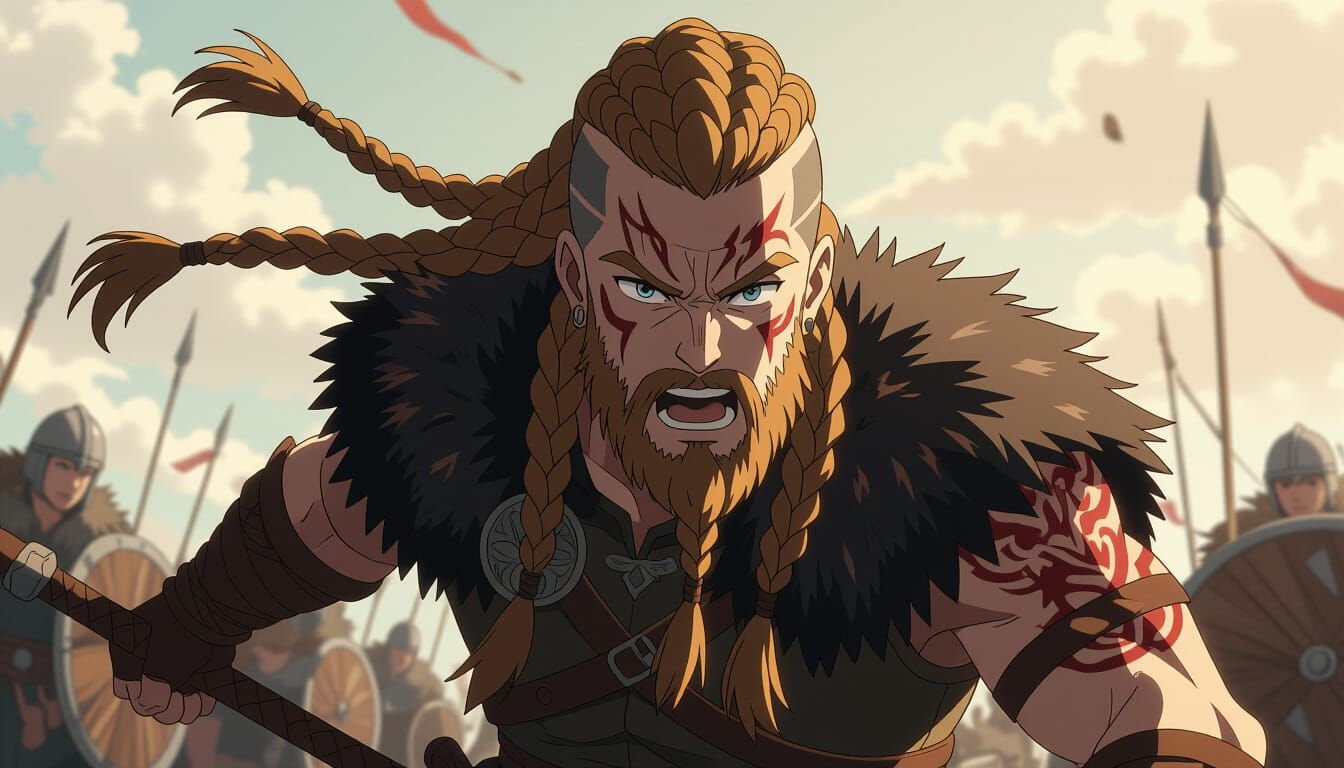 Anime Viking Warrior Charging in Dark Fantasy