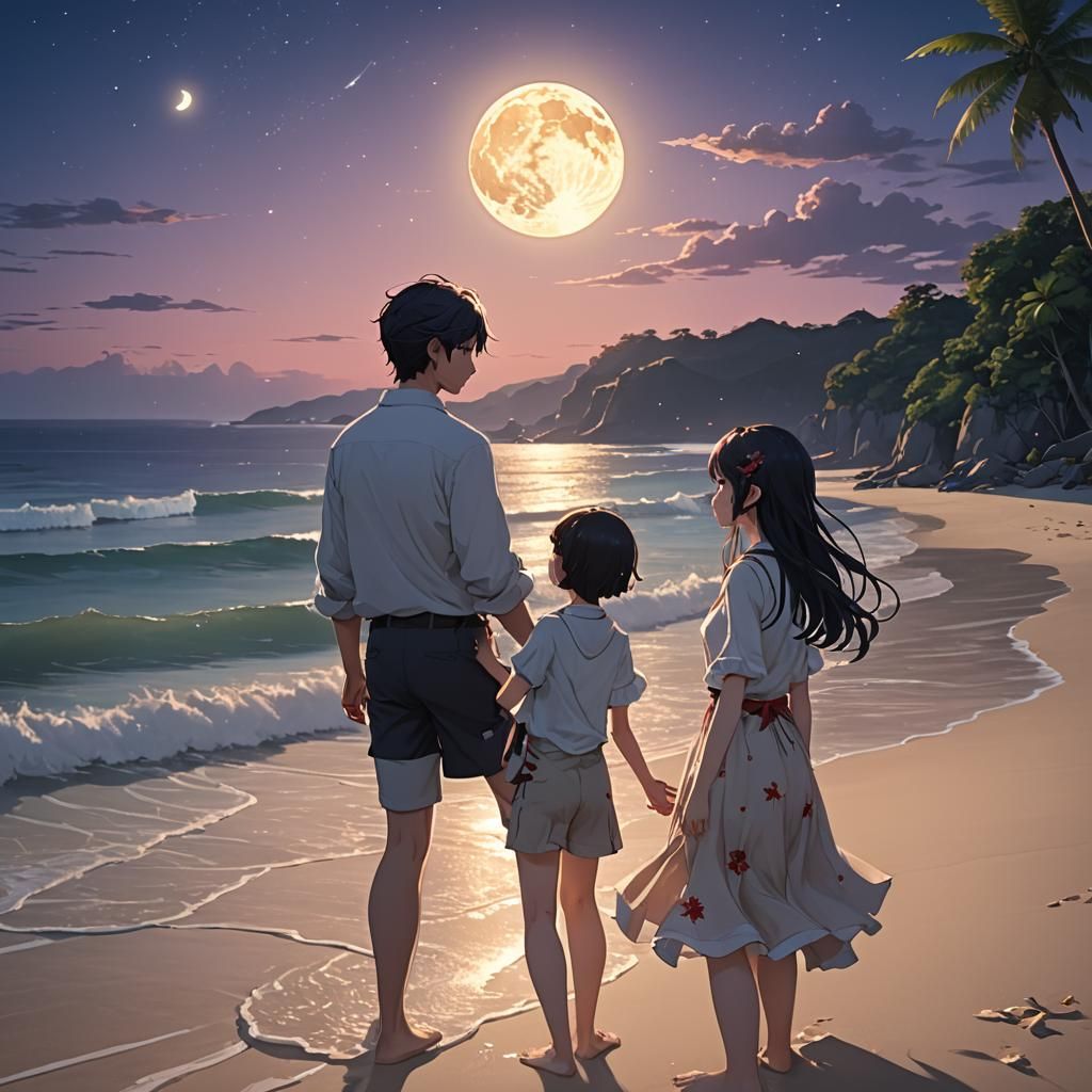 Romantic Beach Rendezvous Under the Stars in Anime Style