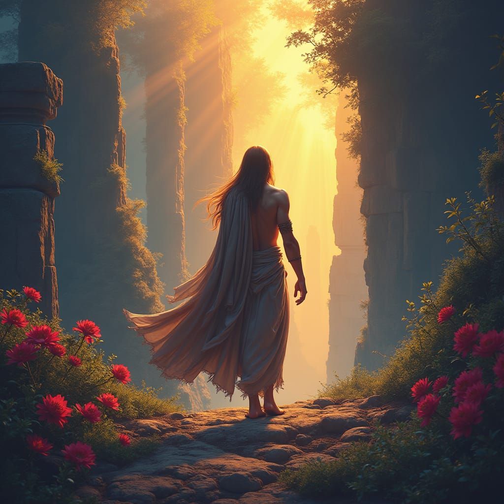 Mystical Figure in a Sci-Fi Landscape