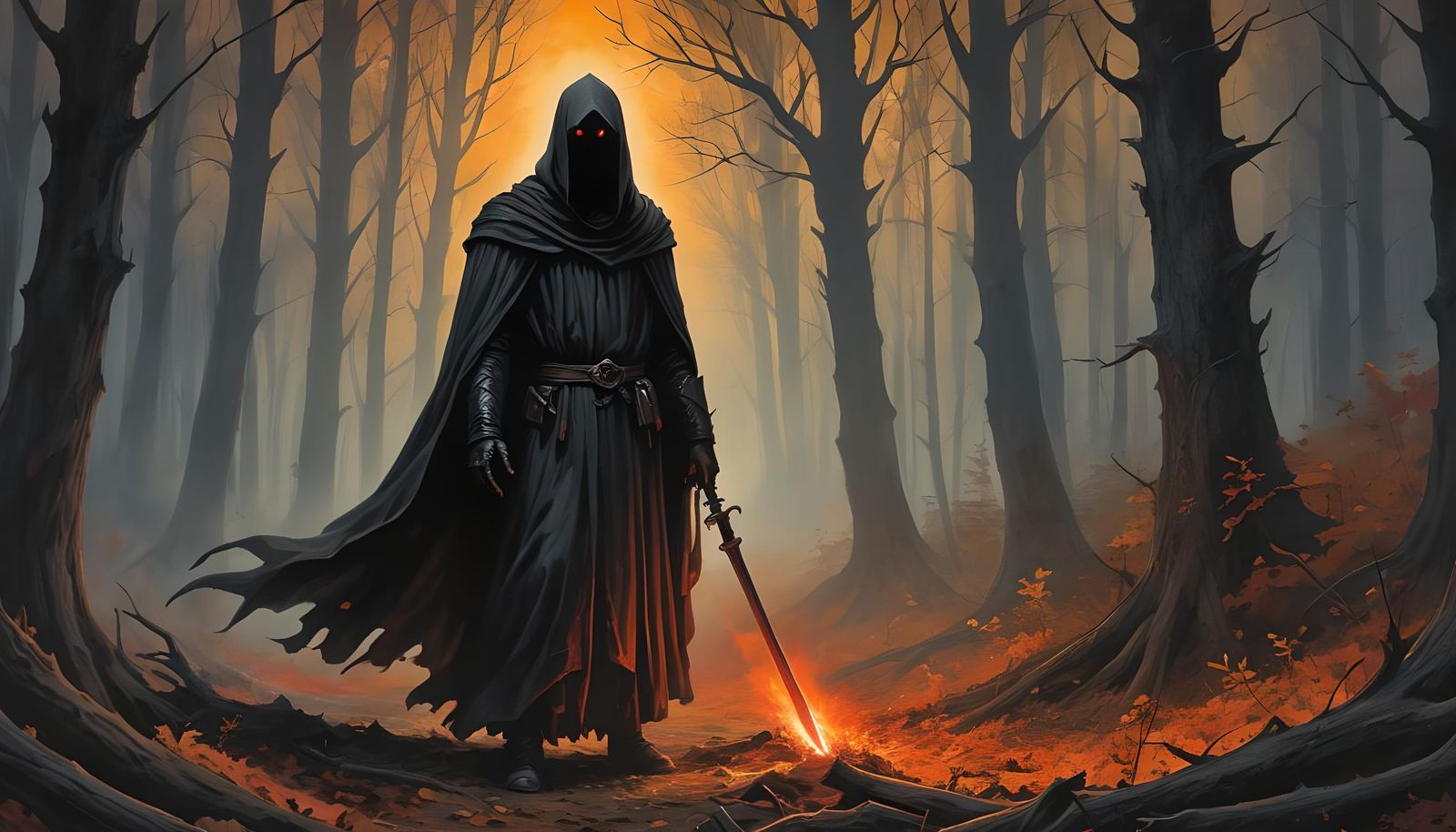 Eerie Shadow Figure in Dark Autumn Forest