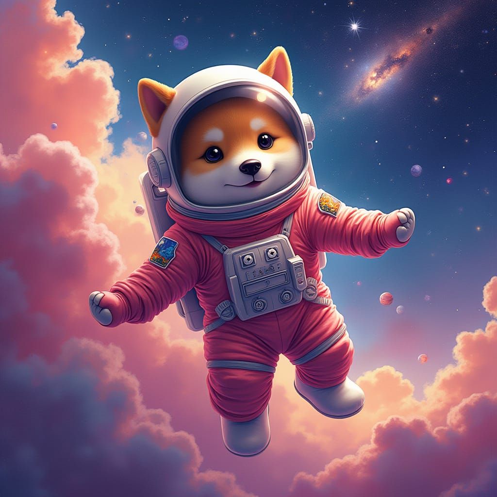 Shiba Inu Astronaut in Lisa Frank Cosmic Dreamscape