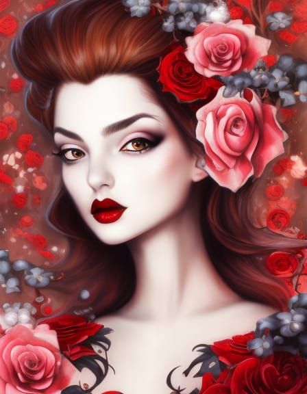 Fiery Redhead Portrait with Roses in Hyperrealistic Style