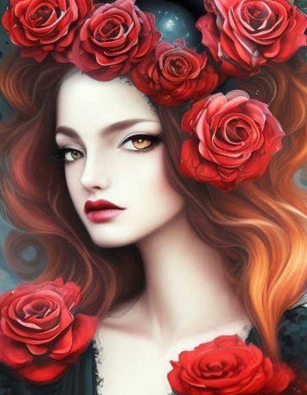Woman with Red Hair and Roses in Hyperrealistic Style