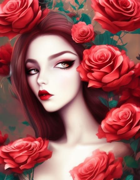 Ethereal Woman with Red Hair and Roses