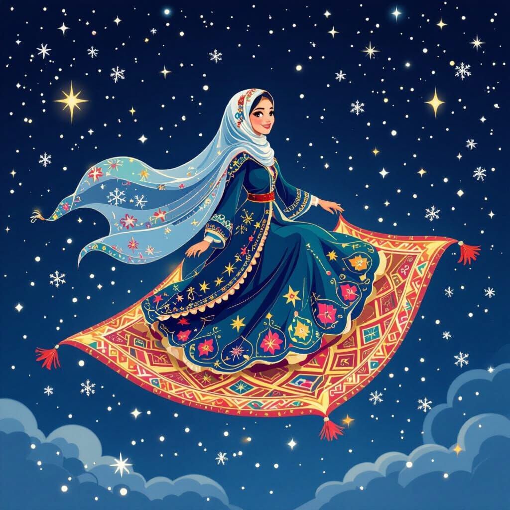Festive Hijabi Woman Rides Magic Carpet