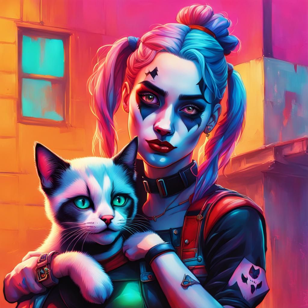Hyperrealistic Neon Harley Quinn with Kitten