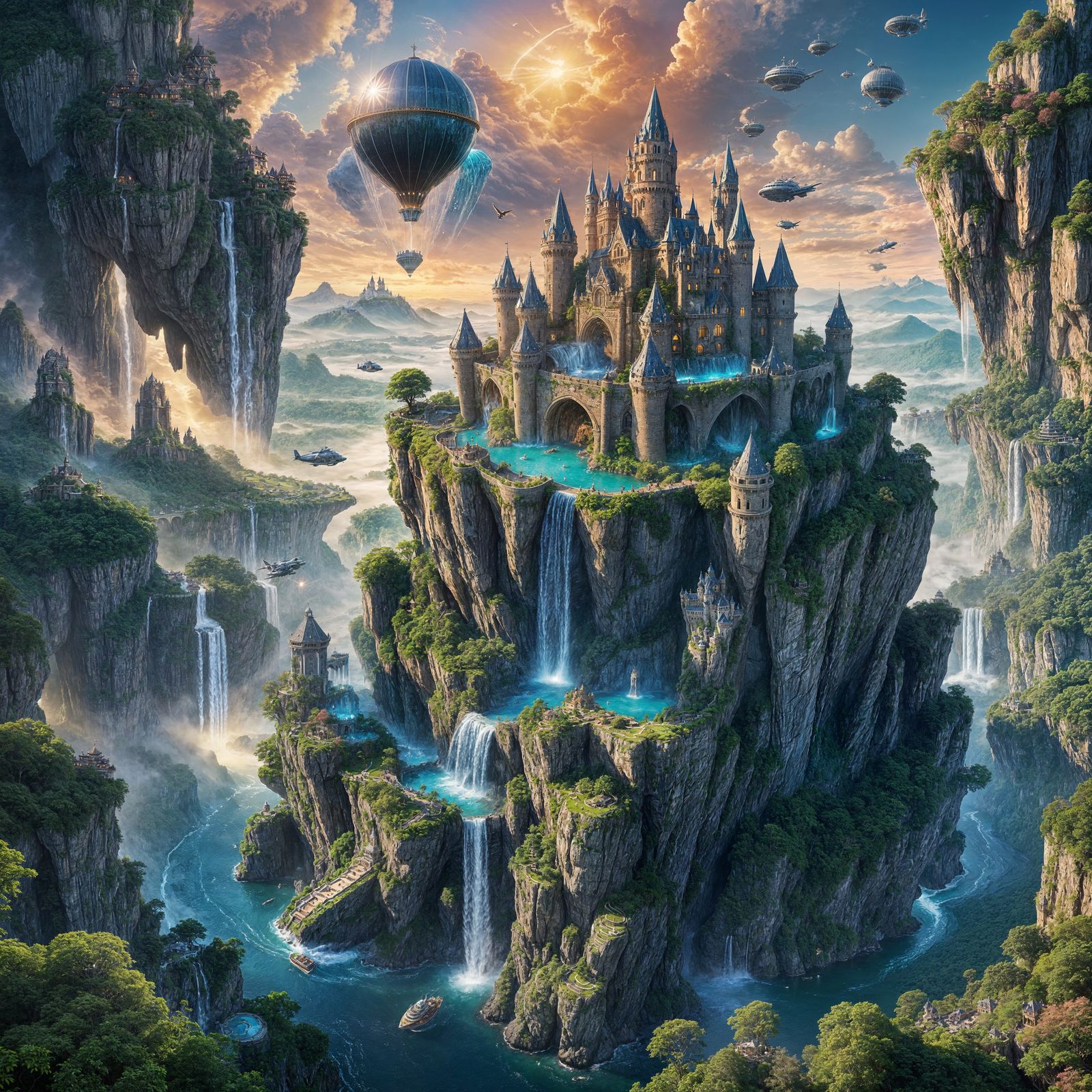 Majestic Floating Castle Drifting in Twilight Sky