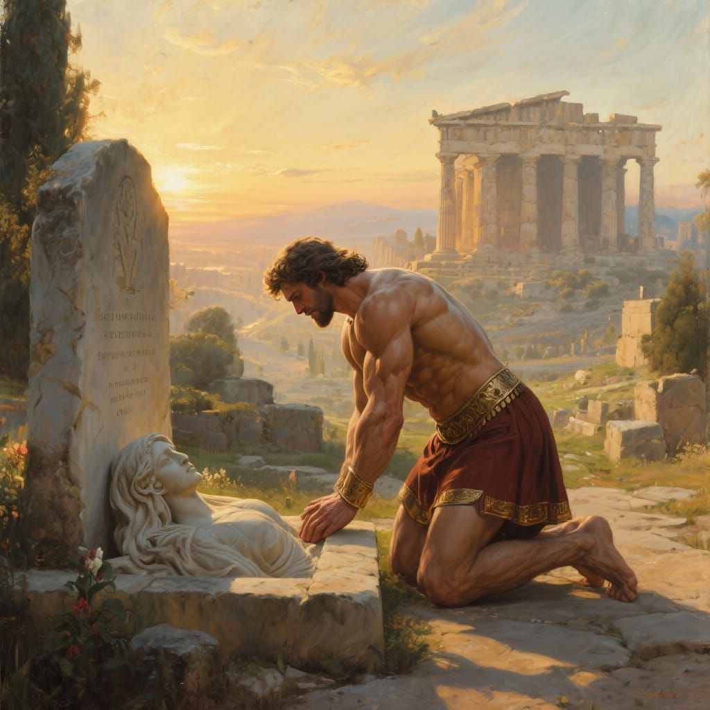 King Theseus Kneels at Wife's Grave in Dawn Light