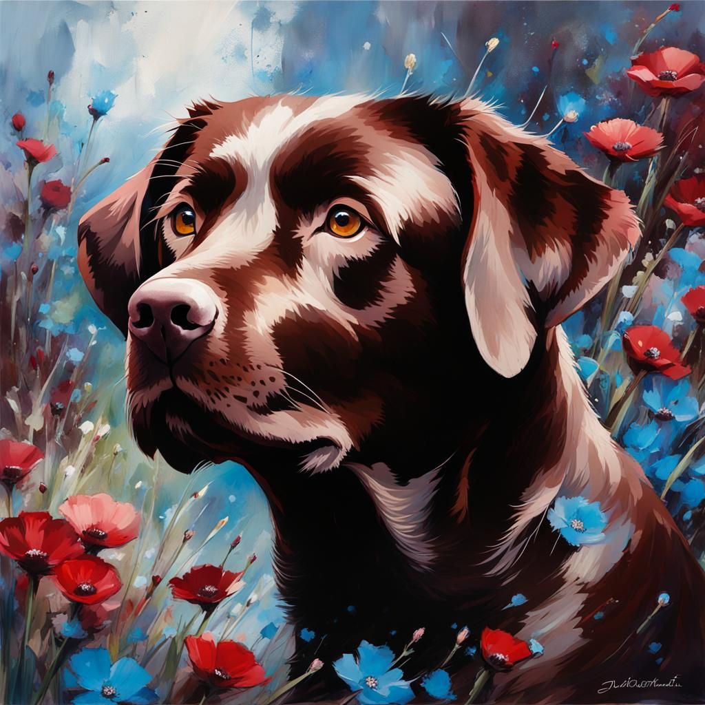 Happy Chocolate Lab Surrounded by Flowers