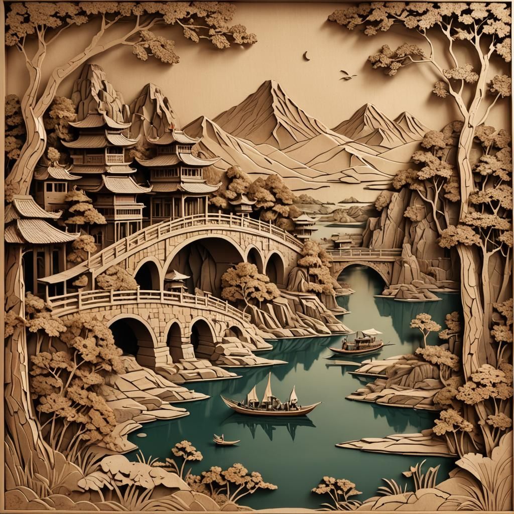 Oriental Cork Bas-Relief Scene with Bridge and Lake