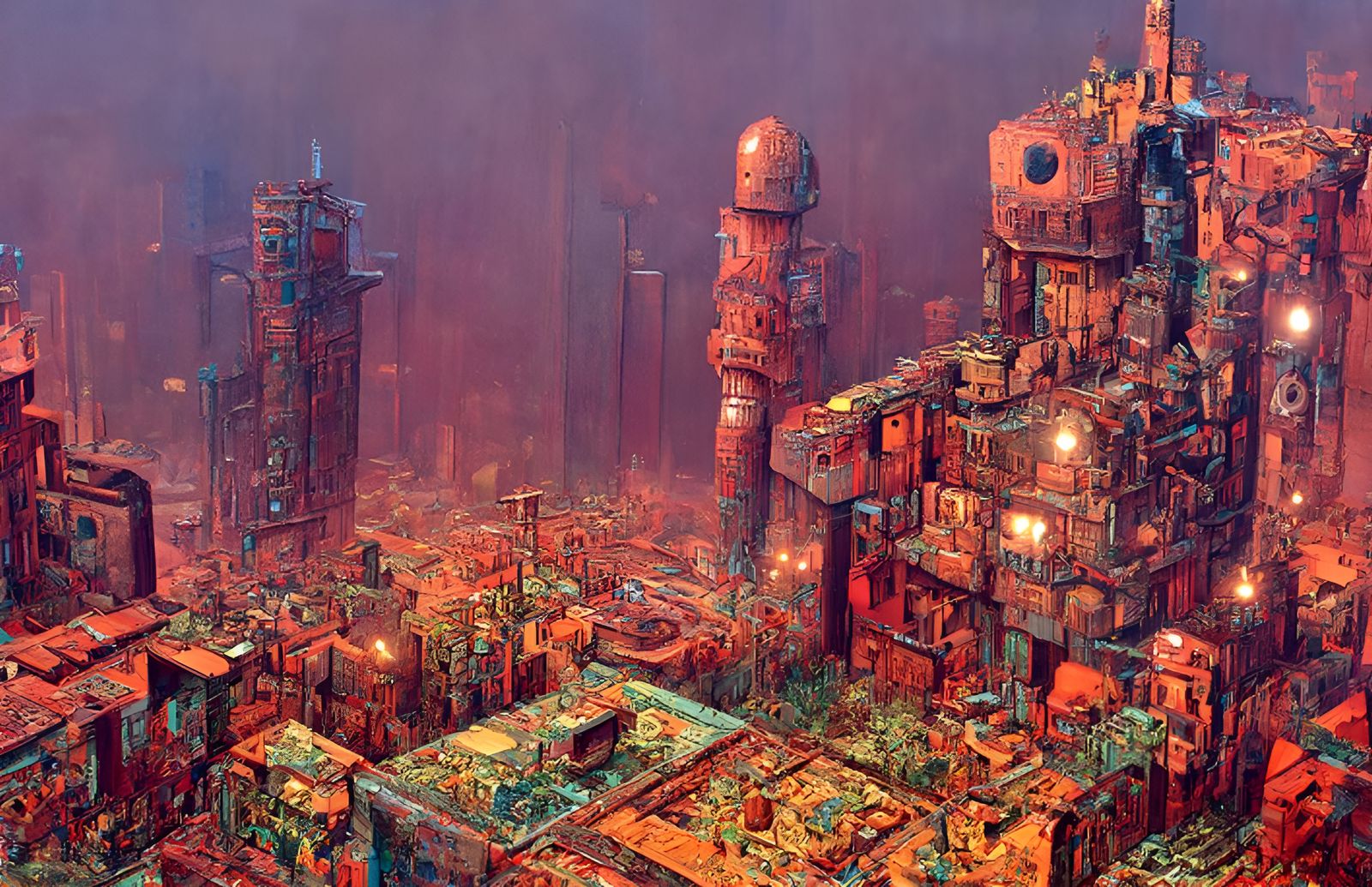 Dystopian Cyber City Aerial View by Moebius