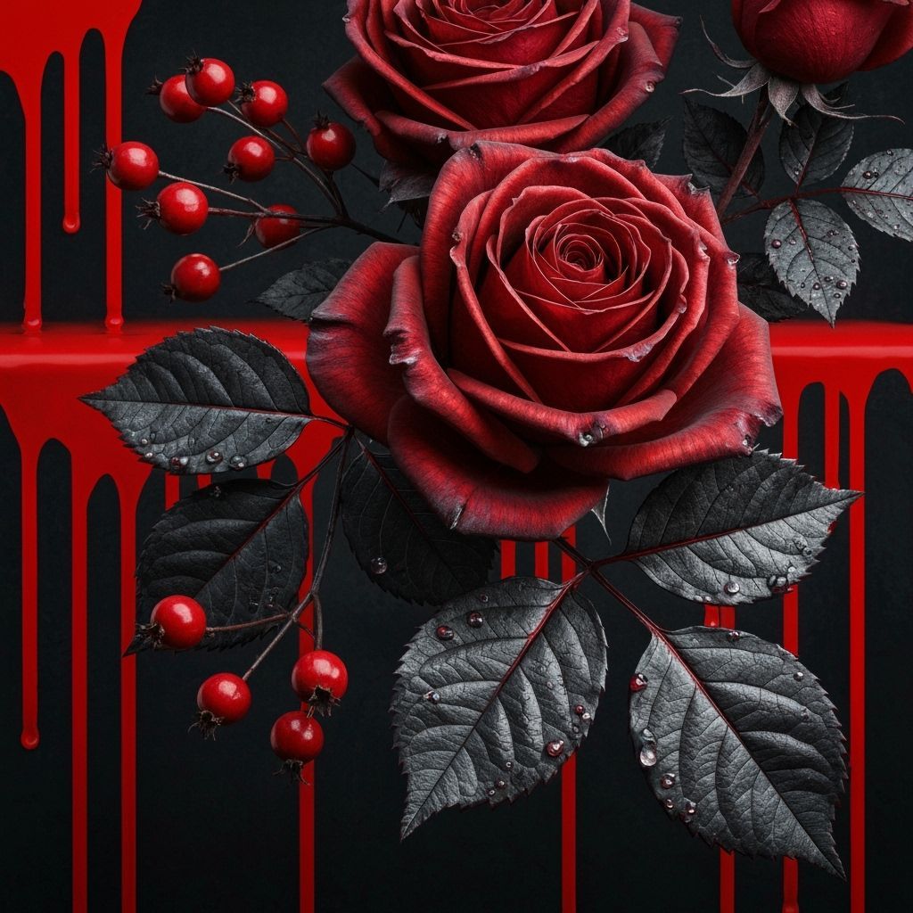 Intricate Dark Red Roses with Blackened Leaves in Gothic Bar...