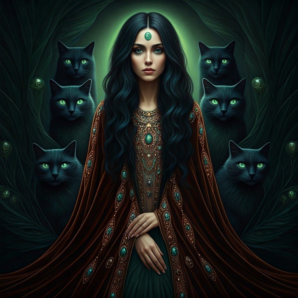 Mystical Queen of Cats in Velvet Cloak with Moonlit Felines