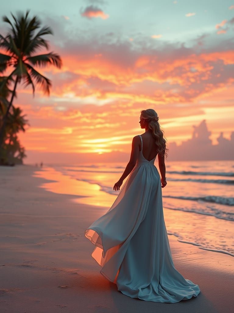 Romantic Beach Sunset in Elegant Attire