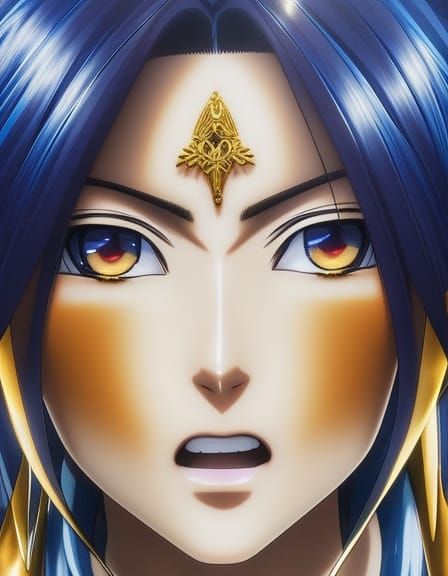 Hyperrealistic Anime Character Portrait in Blue and Gold