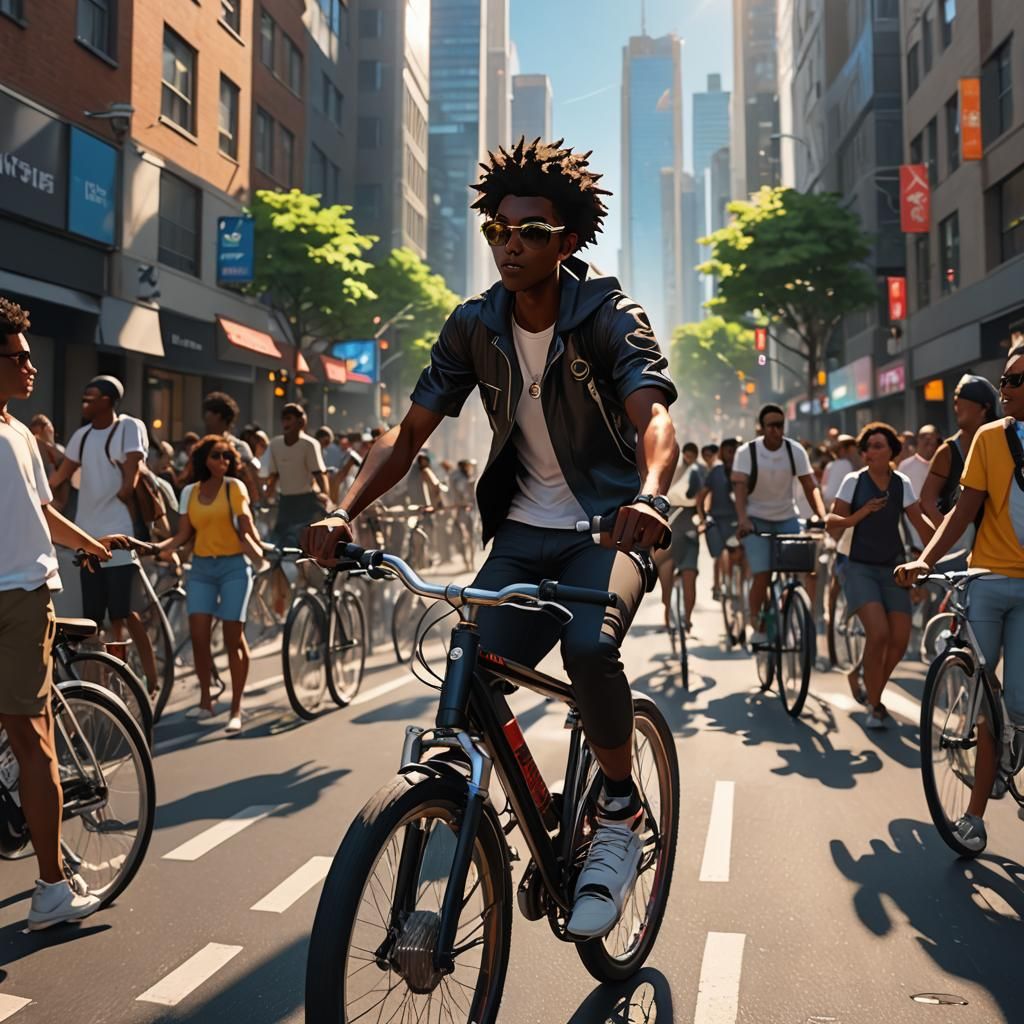 Vibrant Anime Musician Rides Bicycle on Sunny Street