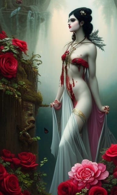 Goddess Demon Lilith in a Blood Bath of Roses